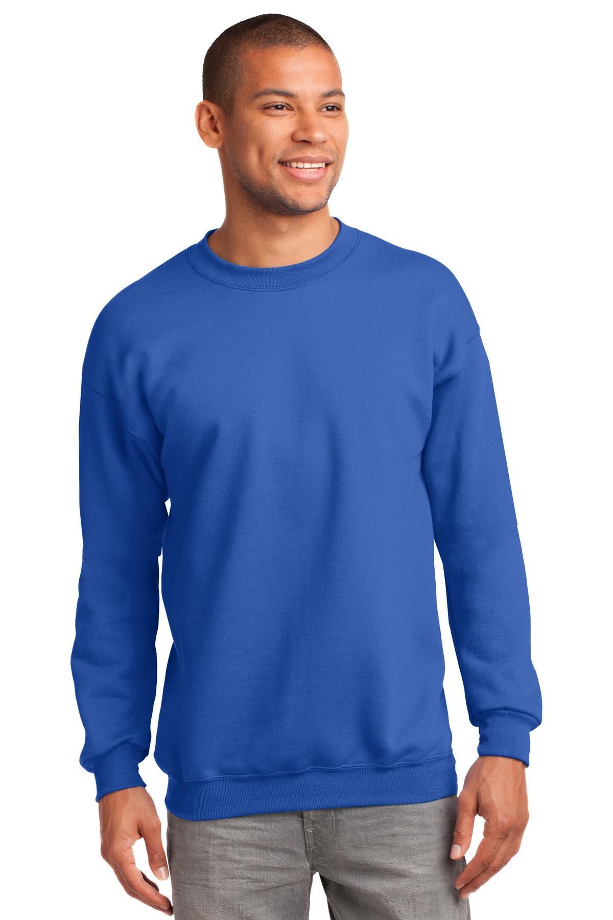 Tall male model 6'2 wearing a medium port & Company Tall Crewneck Heavyweight Sweatshirt in color royal against a white background