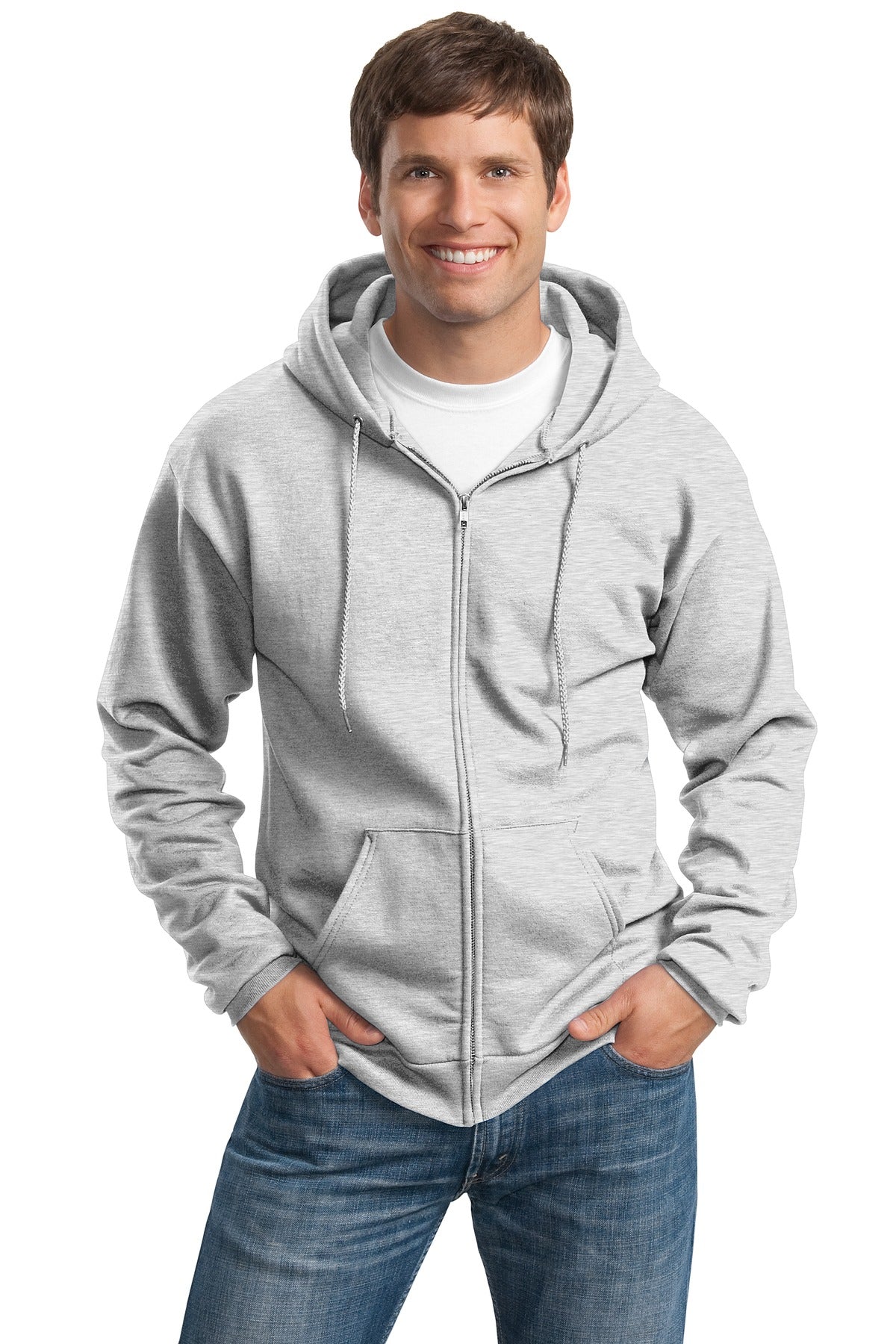 Tall male model 6'3 wearing a medium ash colored port company zip up hooded sweatshirt 50/50 cotton/poly fleece  with front pockets. against a white background