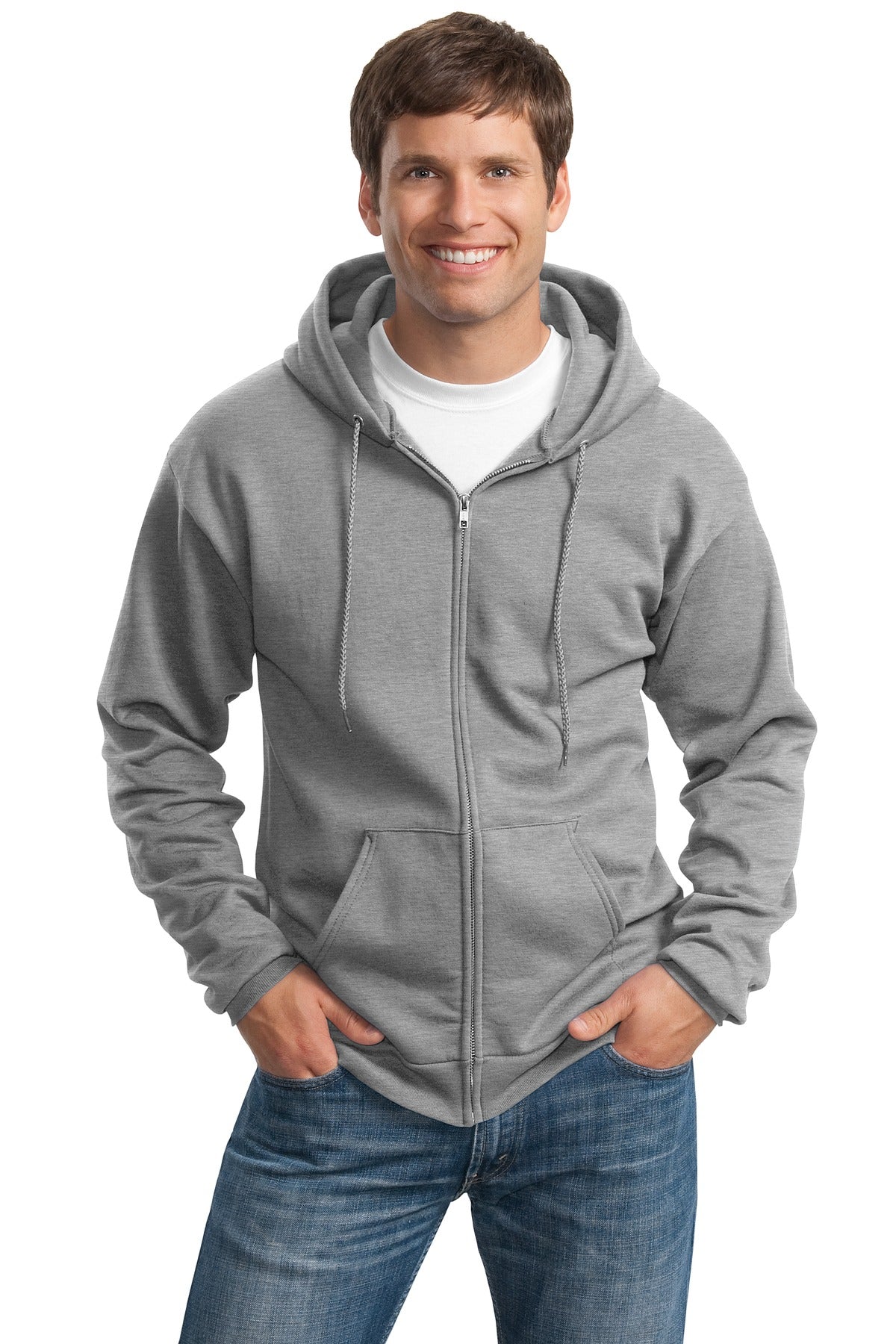 Tall male model 6'3 wearing a medium athletic heather colored port company zip up hooded sweatshirt 50/50 cotton/poly fleece  with front pockets. against a white background