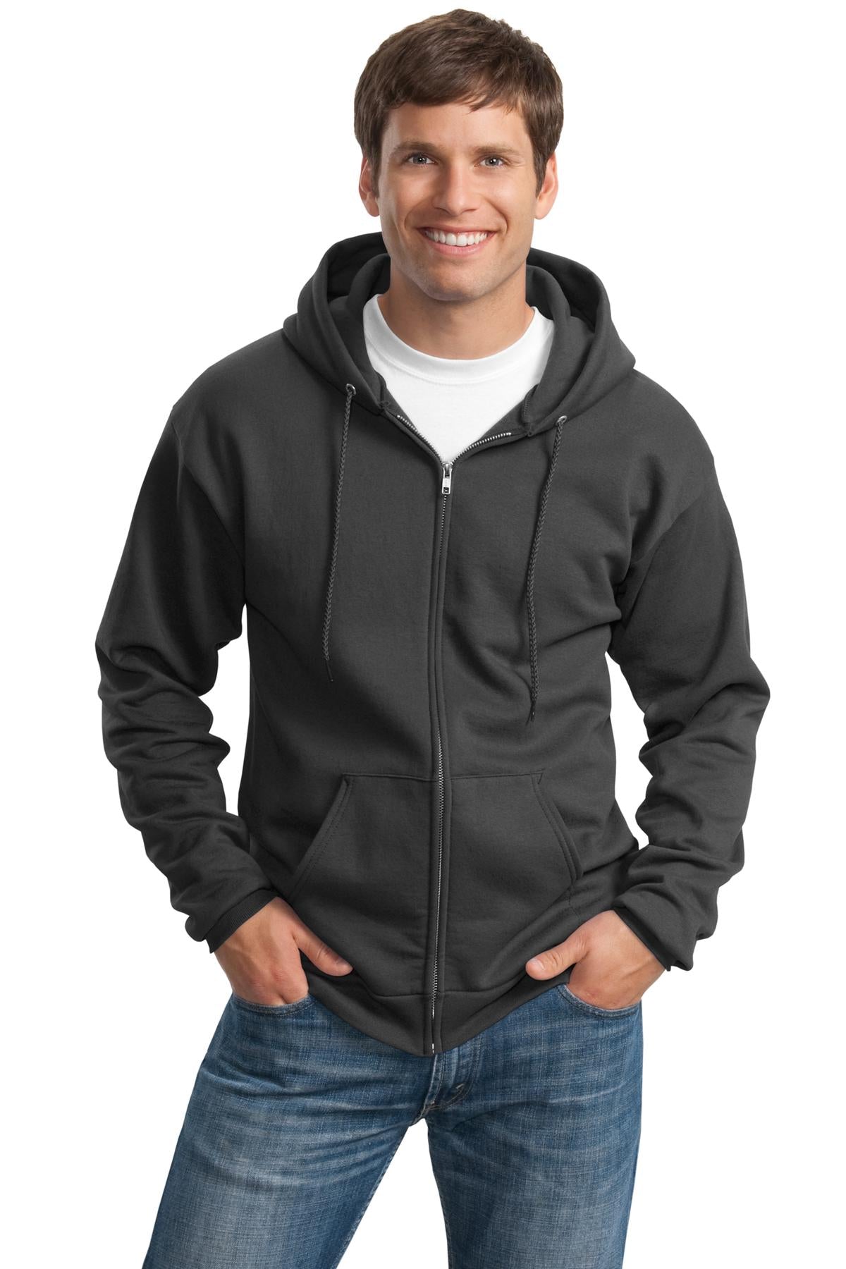 Tall male model 6'3 wearing a medium charcoal colored port company zip up hooded sweatshirt 50/50 cotton/poly fleece  with front pockets. against a white background