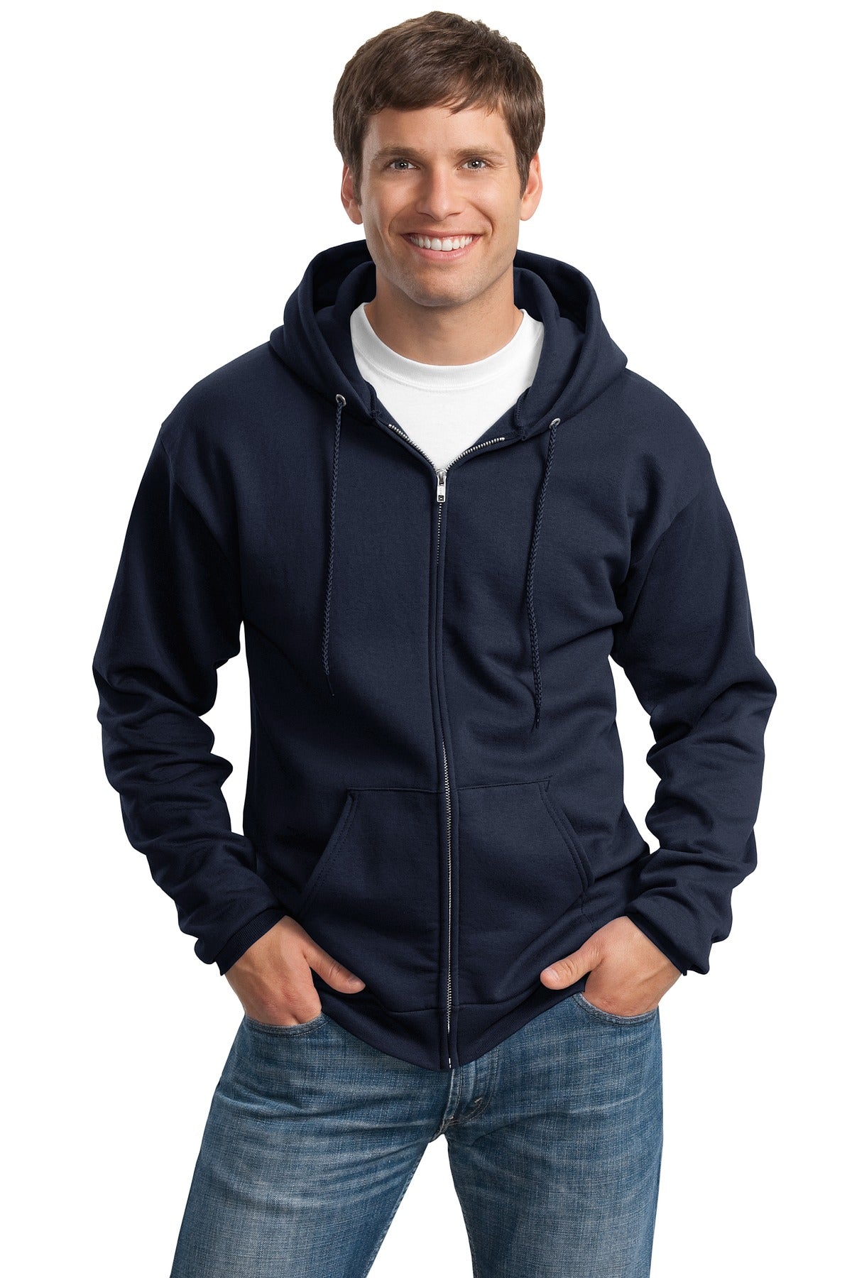 Tall male model 6'3 wearing a medium navy colored port company zip up hooded sweatshirt 50/50 cotton/poly fleece  with front pockets. against a white background