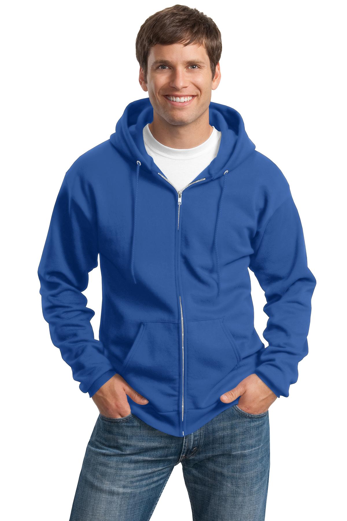 Tall male model 6'3 wearing a medium royal colored port company zip up hooded sweatshirt 50/50 cotton/poly fleece  with front pockets. against a white background