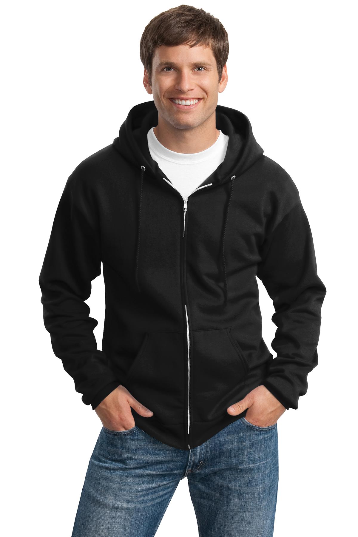Tall male model 6'3 wearing a medium jet black colored port company zip up hooded sweatshirt 50/50 cotton/poly fleece  with front pockets. against a white background