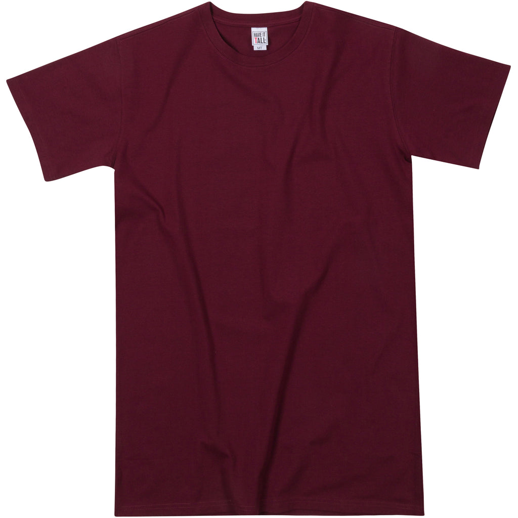  Have It Tall premium Four way stretch 95% cotton 5% spandex T shirt in color Maroon quality washable fabric tee against a white background