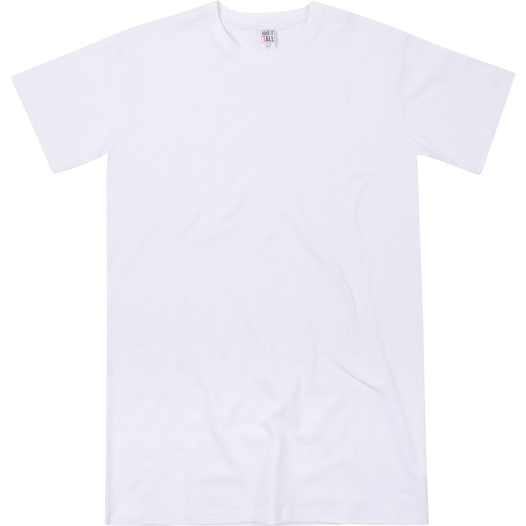  Have It Tall premium Four way stretch 95% cotton 5% spandex T shirt in color White quality washable fabric tee against a white background