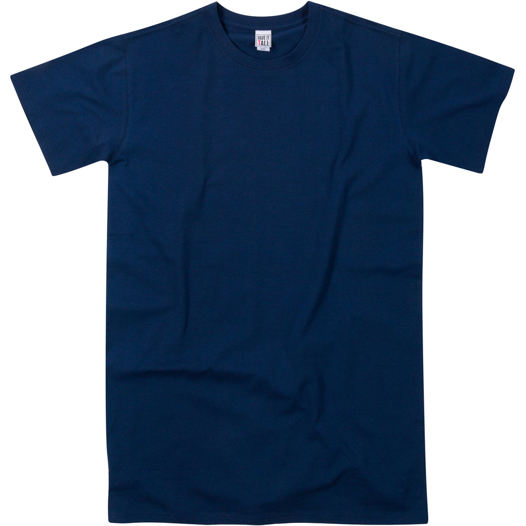  Have It Tall premium Four way stretch 95% cotton 5% spandex T shirt in color Navy quality washable fabric tee against a white background