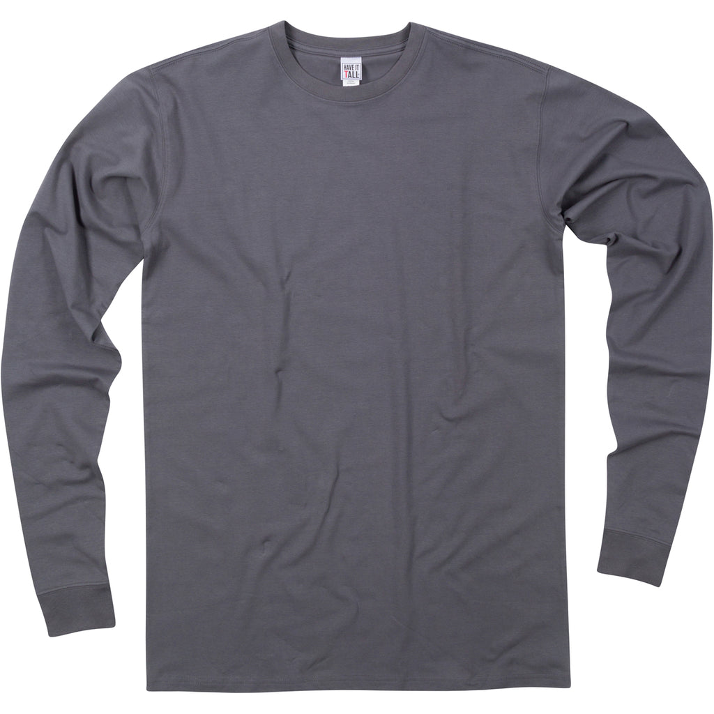 Have It Tall Long sleeve Tee cotton and spandex 4 way stretch comfortable T shirt in color Gray against a white background
