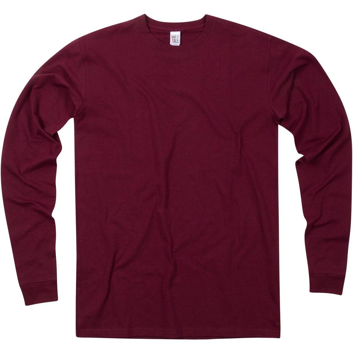 Have It Tall Long sleeve Tee cotton and spandex 4 way stretch comfortable T shirt in color Maroon against a white background