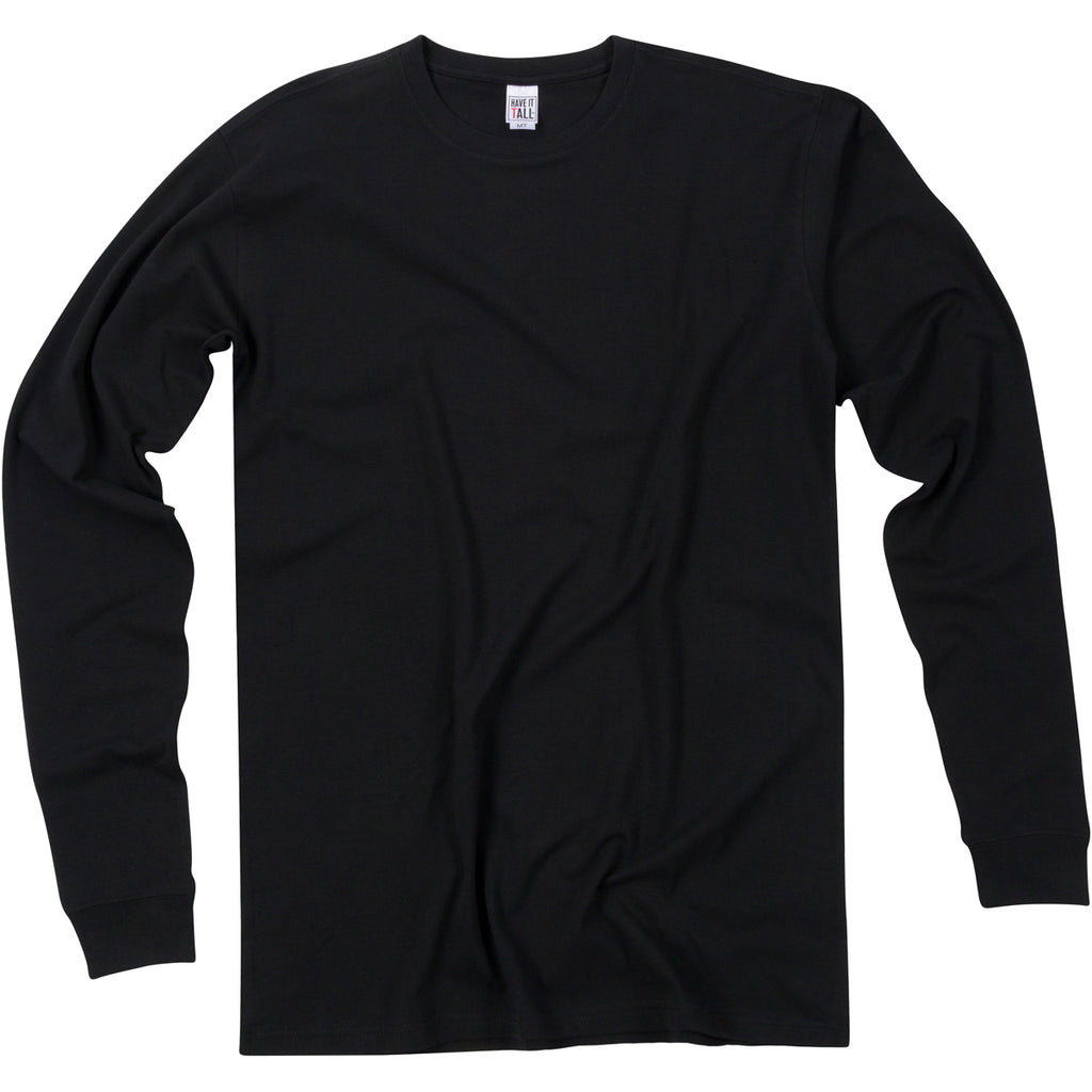 Have It Tall Long sleeve Tee cotton and spandex 4 way stretch comfortable T shirt in color Black against a white background