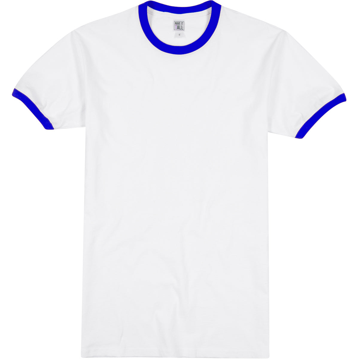 Have It Tall ringer T shirt white with blue highlights 100% ring spun cotton durable and comfortable tee against a white background