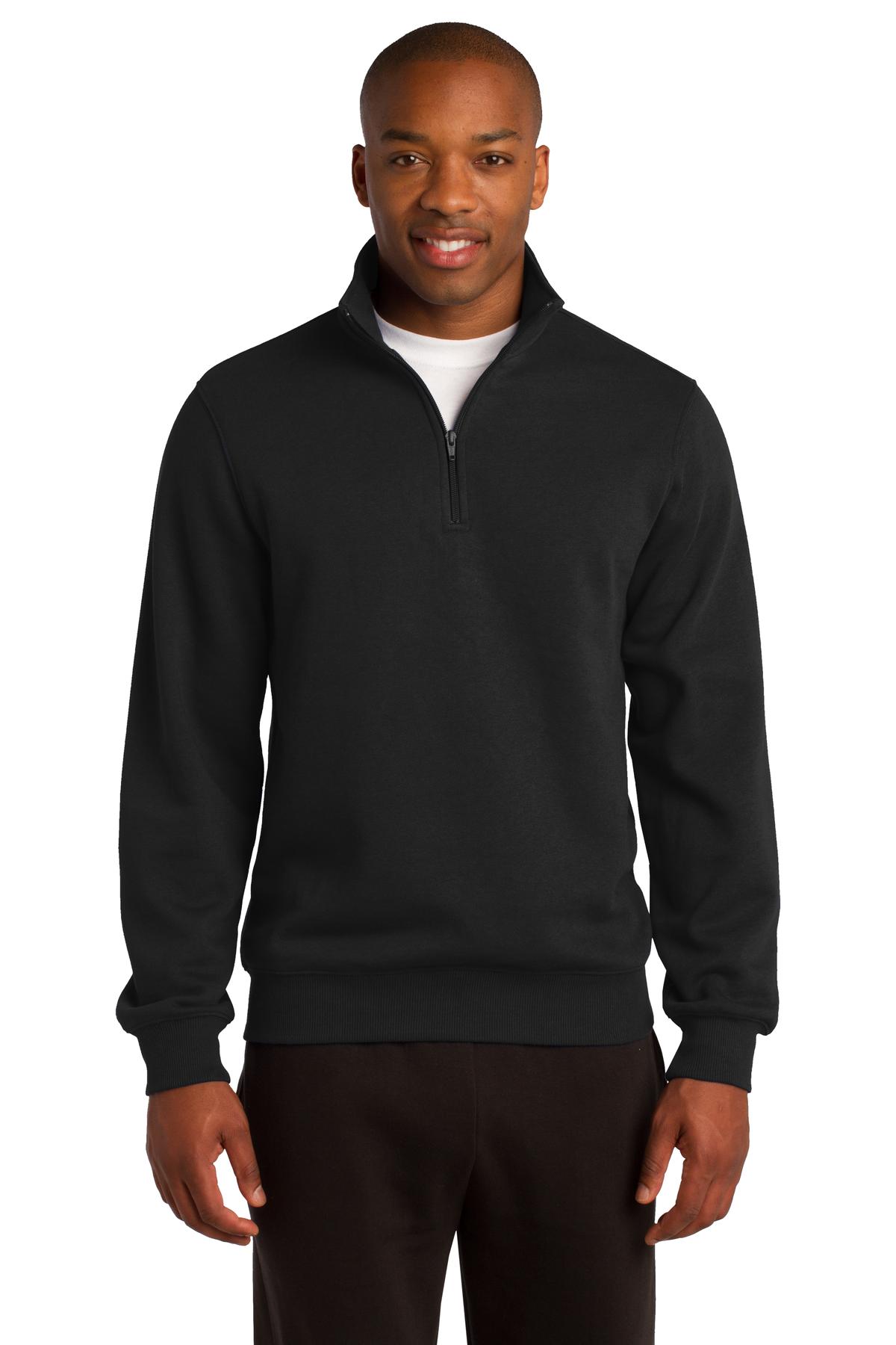 Tall male model 6'4 wearing a large black sport tek zip sweatshirt with minimal shrinkage against a white background