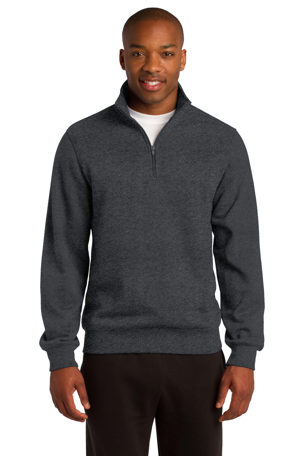 Tall male model 6'4 wearing a large graphite heather sport tek zip sweatshirt with minimal shrinkage against a white background