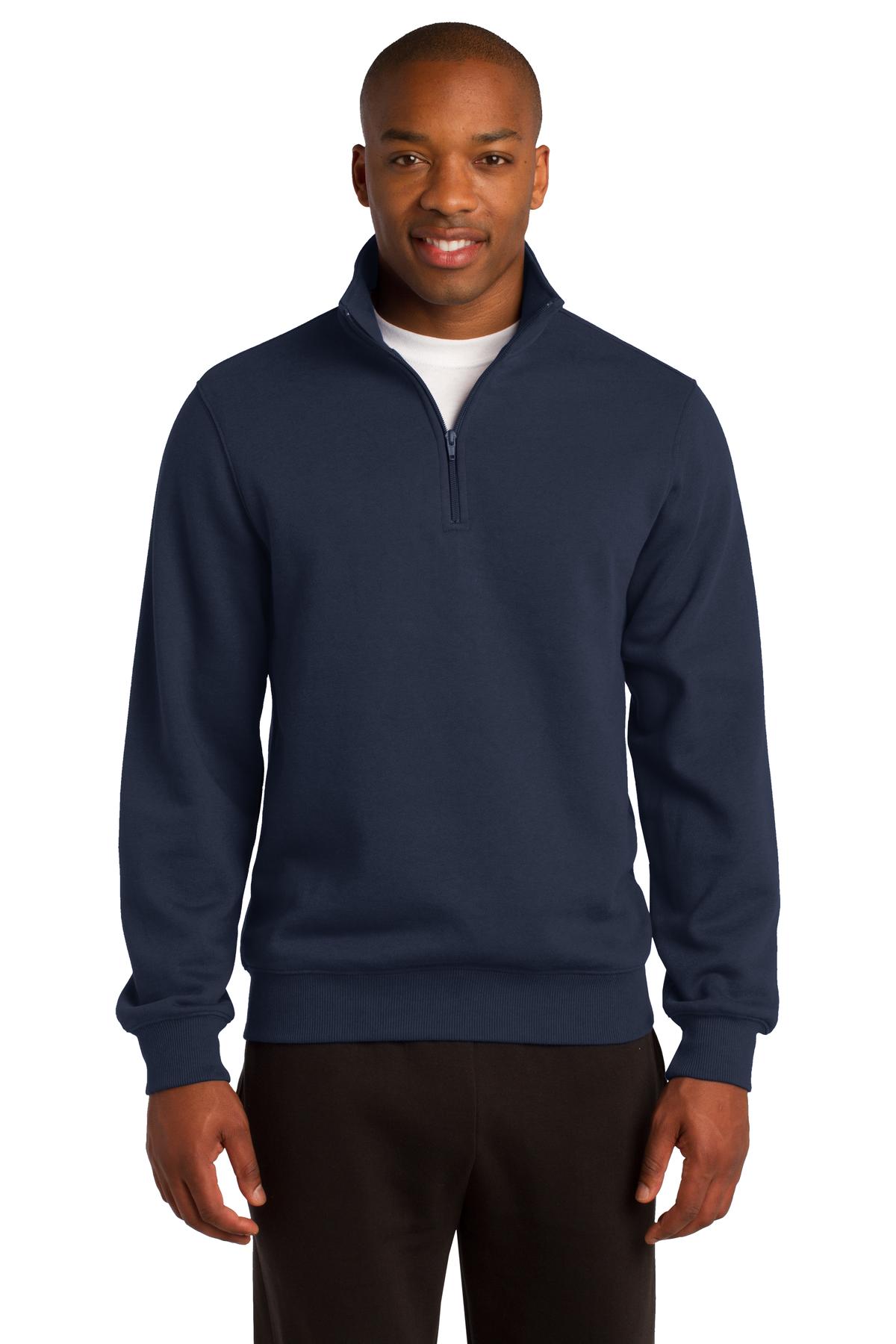 Tall male model 6'4 wearing a large true navy sport tek zip sweatshirt with minimal shrinkage against a white background