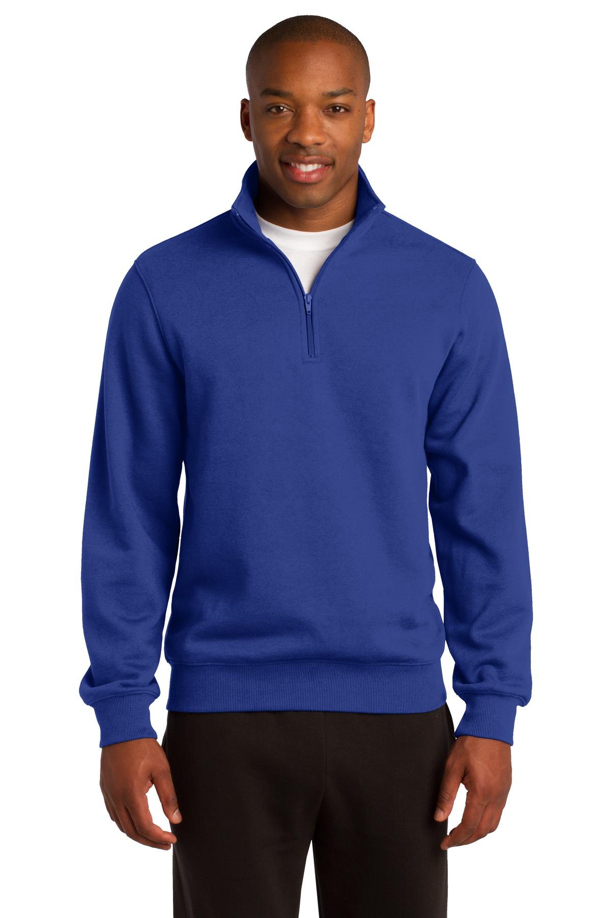 Tall male model 6'4 wearing a large true royal sport tek zip sweatshirt with minimal shrinkage against a white background