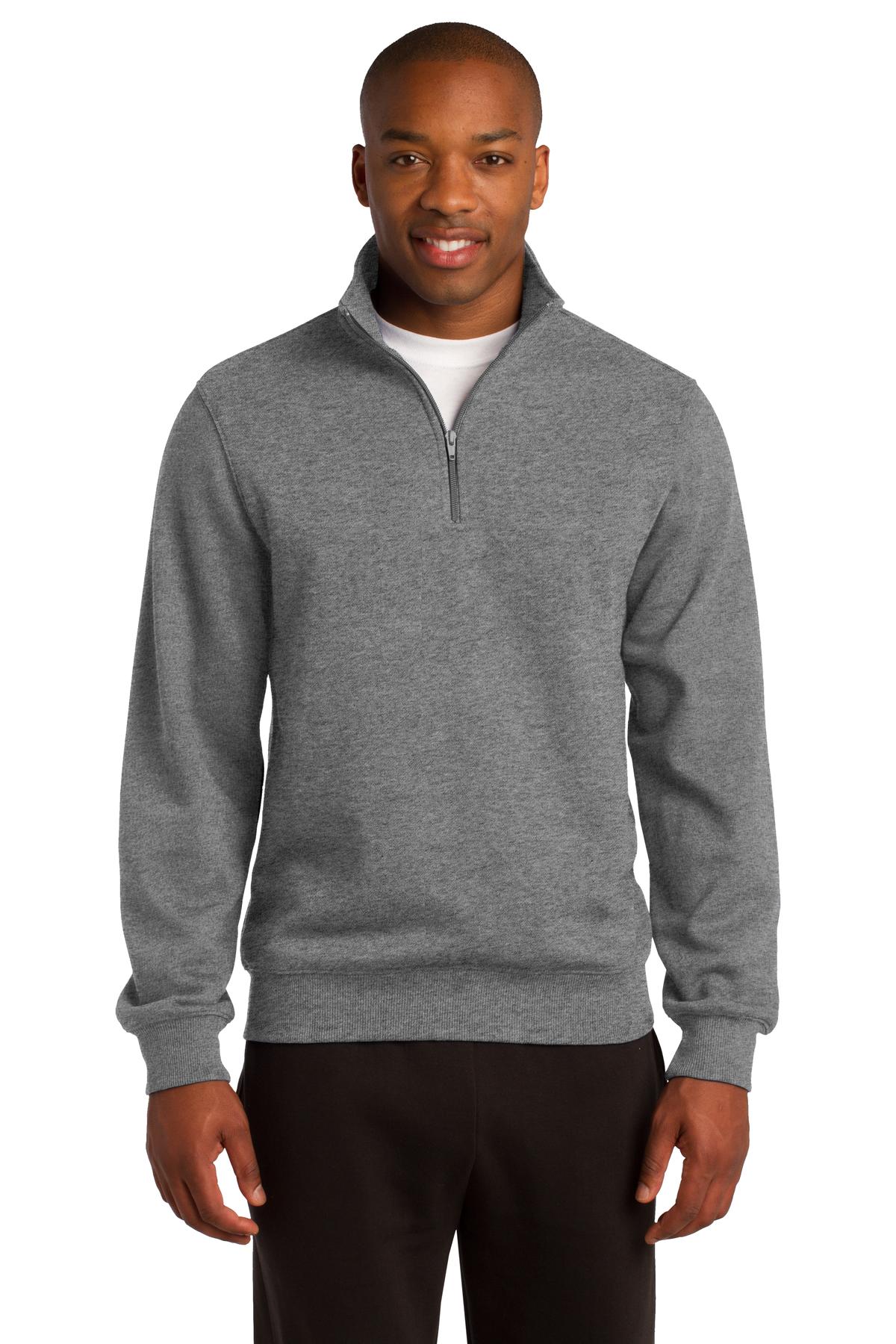 Tall male model 6'4 wearing a large vintage heather sport tek zip sweatshirt with minimal shrinkage against a white background