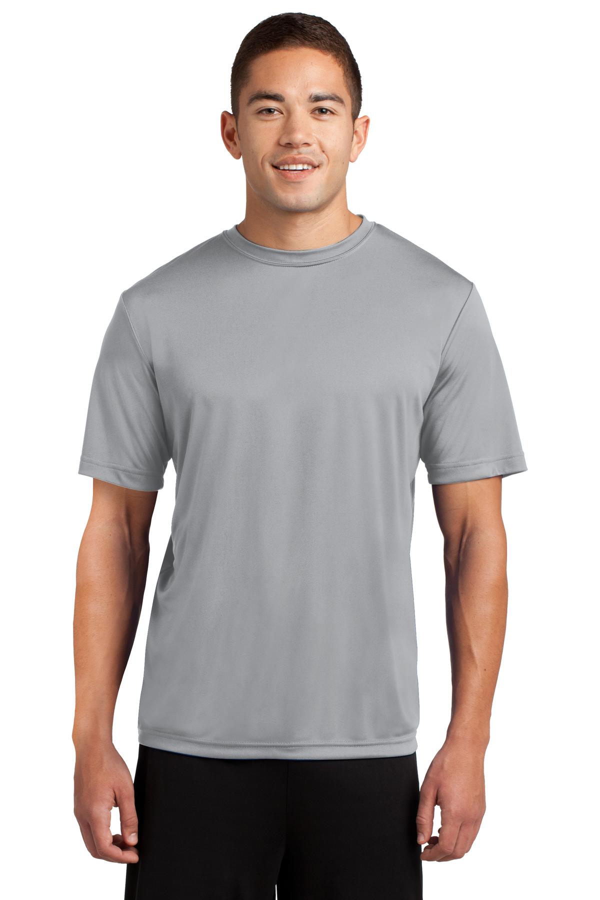 Tall male model 6,2 wearing a large silver t shirt light weight breathable and roomy 100% polyester against a white background