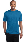 tall male model 6'4 wearing a medium blue wake colored T shirt 100% poly athletic tee against a white background