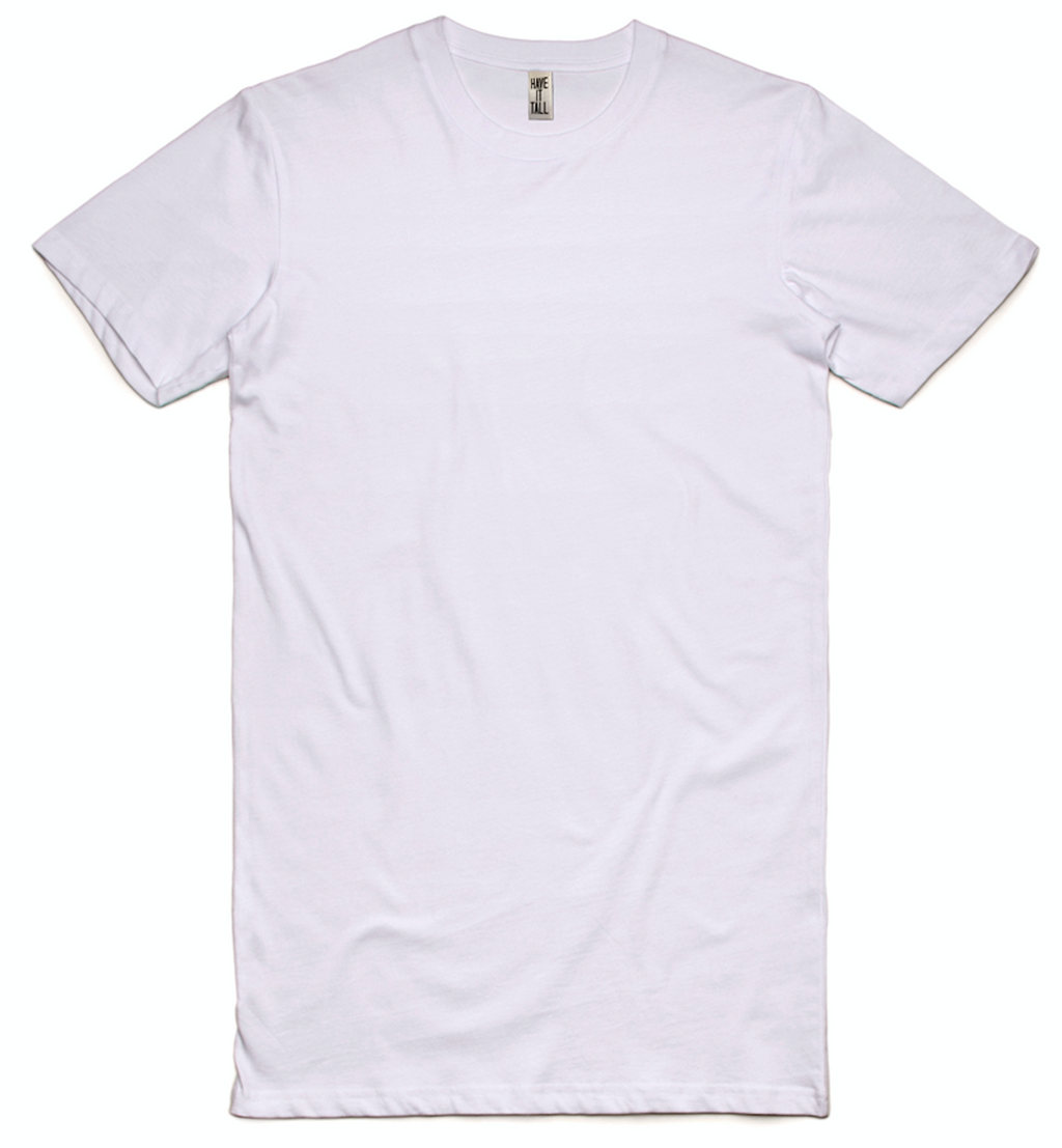 Have It Tall Brand Extra Long Tall 100% Cotton Luxury Medium weight mens t-shirt in color White against a white background.