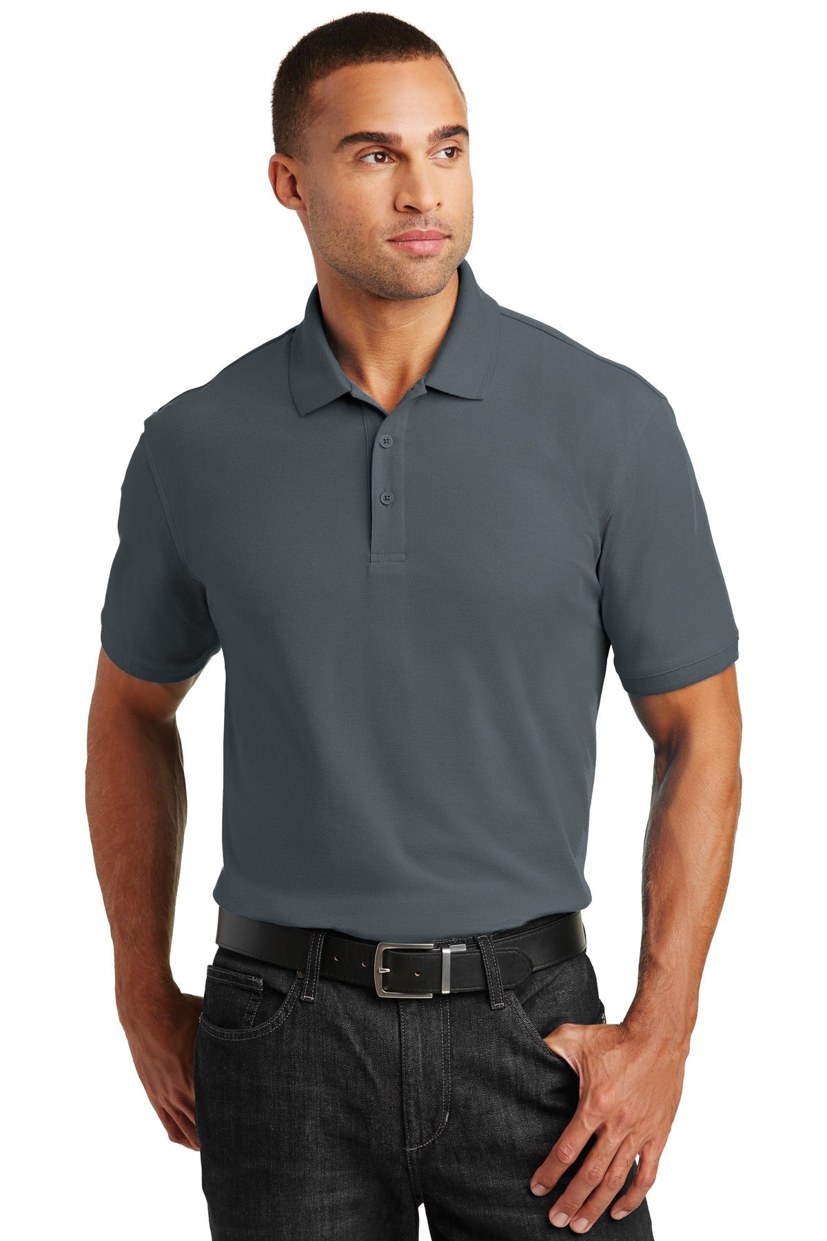 Tall male model 6'4 wearing a medium graphite Port Authority Tall Core Classic Pique Polo built for durability against a white background
