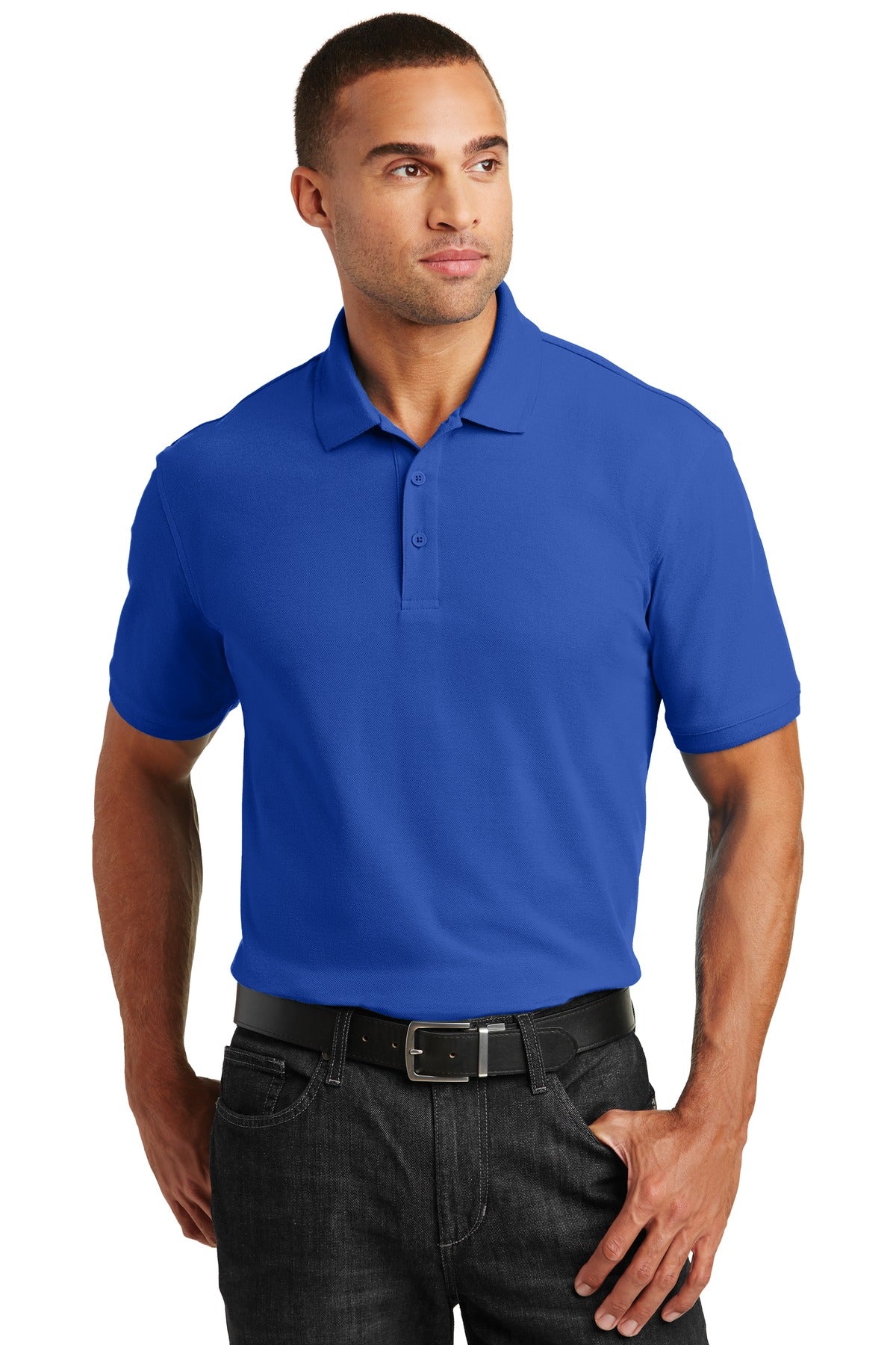 Tall male model 6'4 wearing a medium true royal Port Authority Tall Core Classic Pique Polo built for durability against a white background