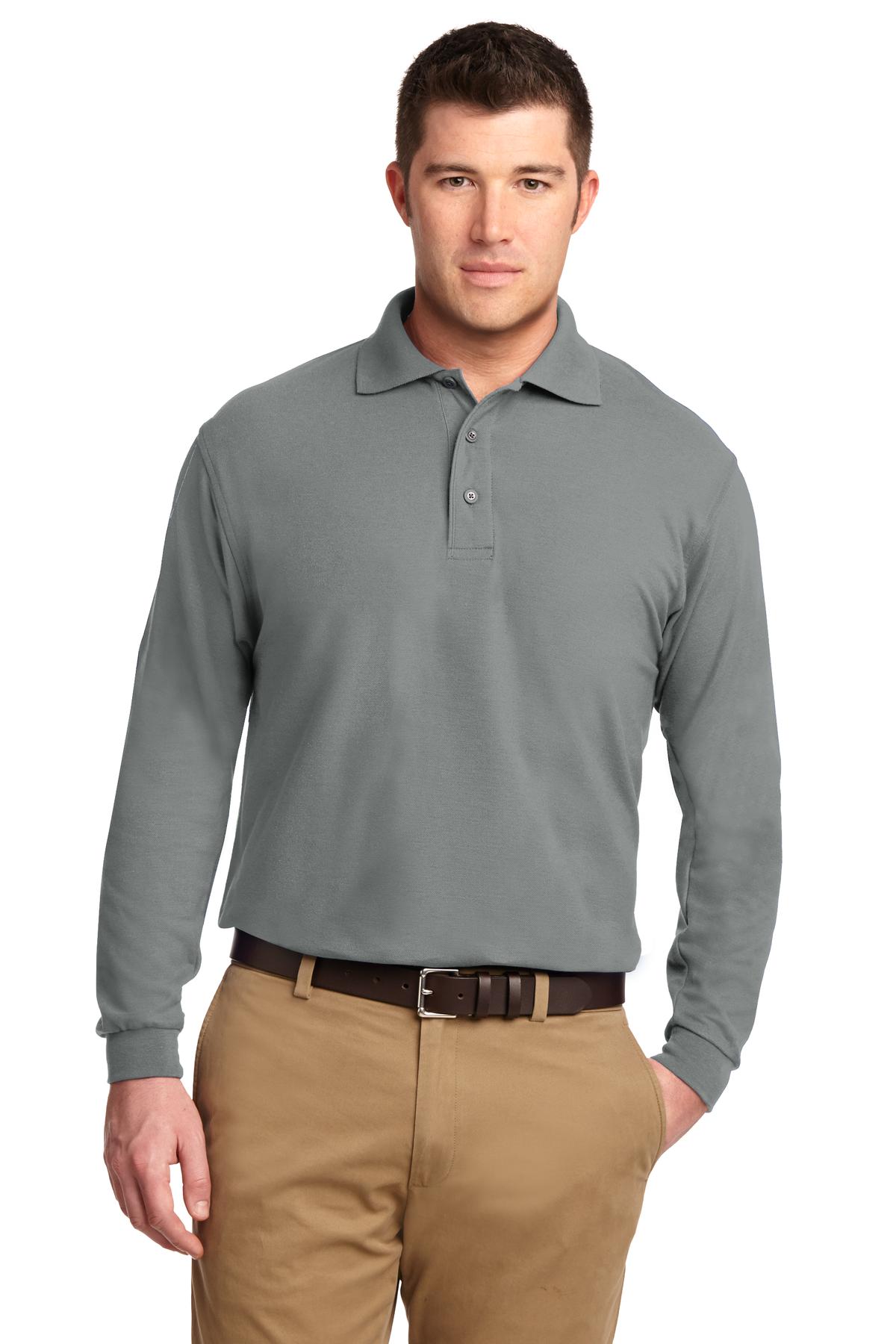 Tall male model 6'6 wearing a large cool grey Port Authority Tall Silk Touch Long Sleeve Polo against a white background