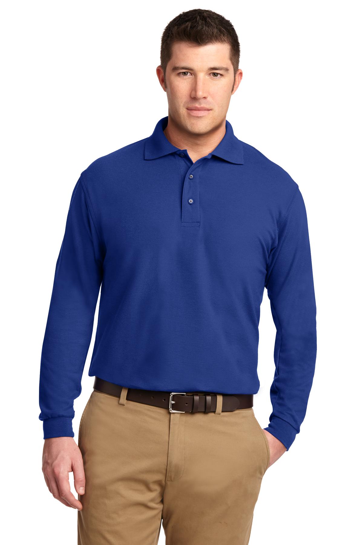 Tall male model 6'6 wearing a large royal Port Authority Tall Silk Touch Long Sleeve Polo against a white background