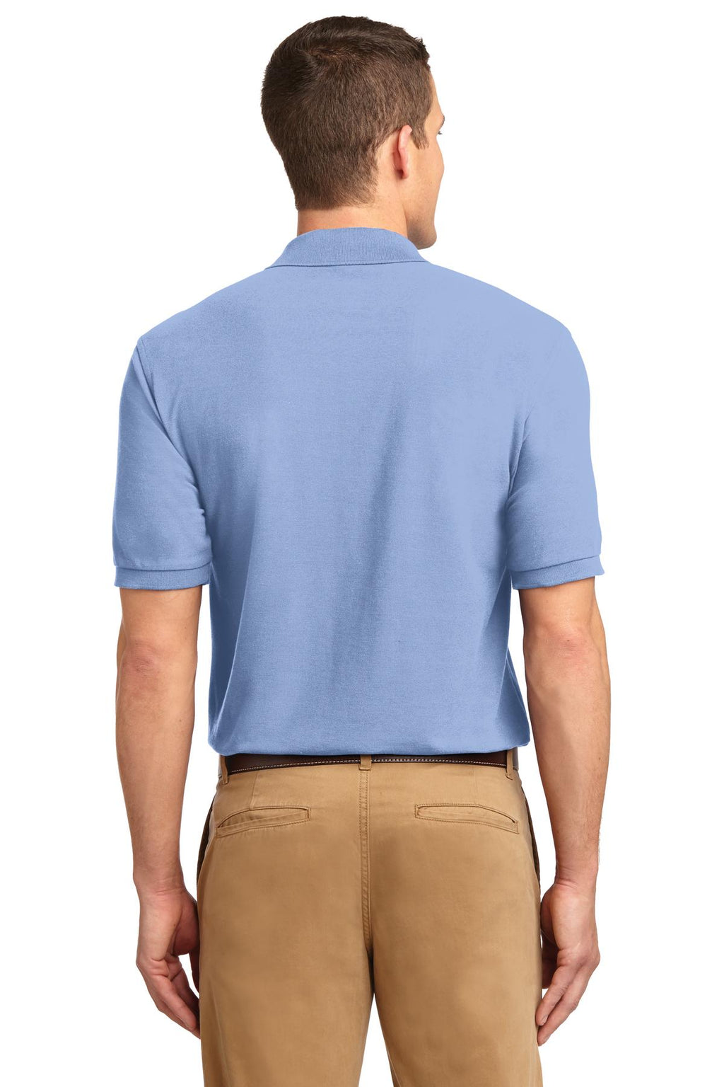 Tall male model 6'3 wearing a small Port Authority Tall Silk Touch Polo in color light blue with dyed buttons cotton/poly blend showing the back of the shirt against a white background