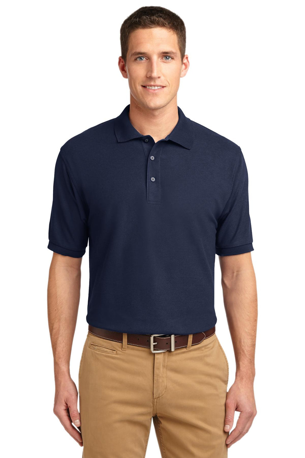 Tall male model 6'3 wearing a small Port Authority Tall Silk Touch Polo in color navy with dyed buttons cotton/poly blend against a white background