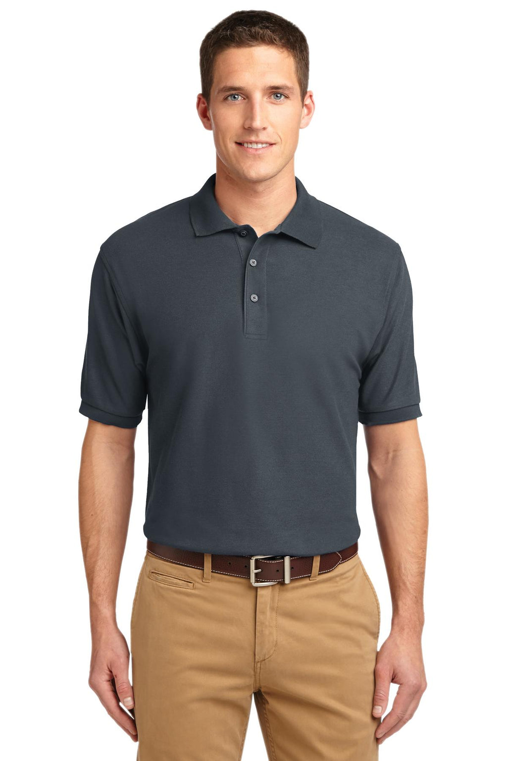 Tall male model 6'3 wearing a small Port Authority Tall Silk Touch Polo in color steel grey with dyed buttons cotton/poly blend against a white background