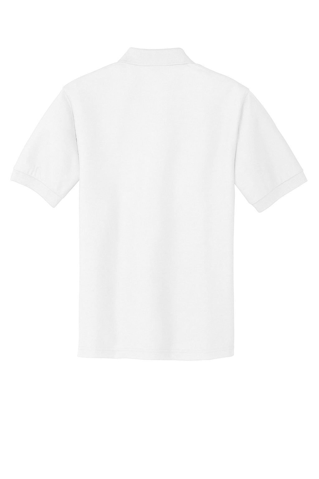 Port Authority Tall Silk Touch Polo in color white with dyed buttons cotton/poly blend showing the back of the shirt against a white background