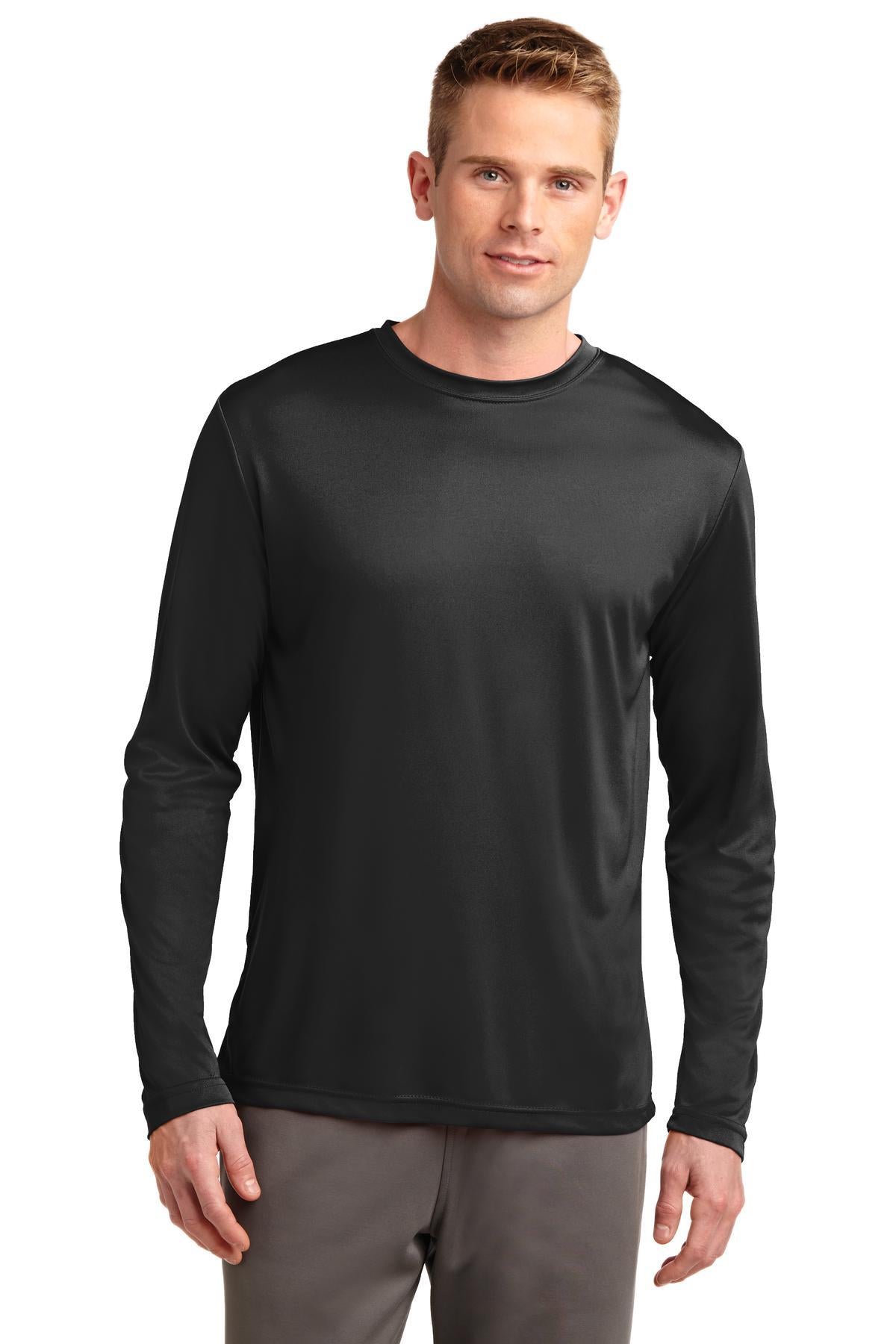 Tall male model 6,4 wearing a black sport tek long sleeve T shirt 100% poly Tee with removable tag for comfort against a white background