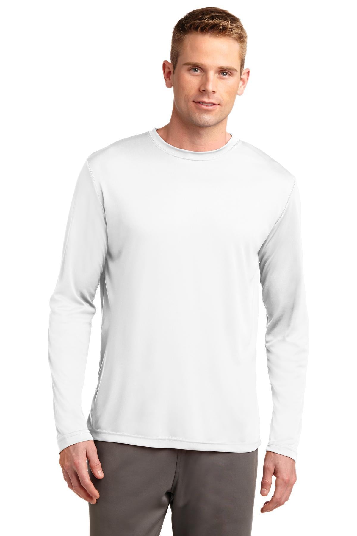 Tall male model 6,4 wearing a white sport tek long sleeve T shirt 100% poly Tee with removable tag for comfort against a white background