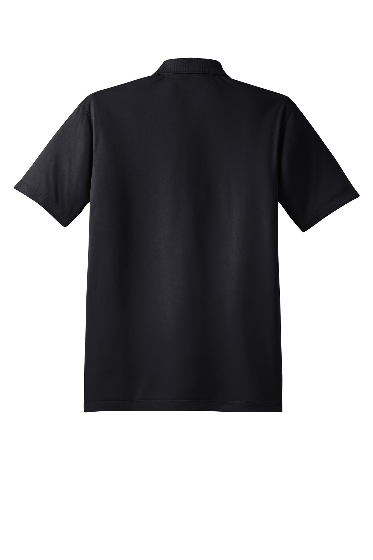 Sport Tek Black 100% polyester T shirt Snag resistant Tee with dyed buttons showing the back of the shirt against a white background