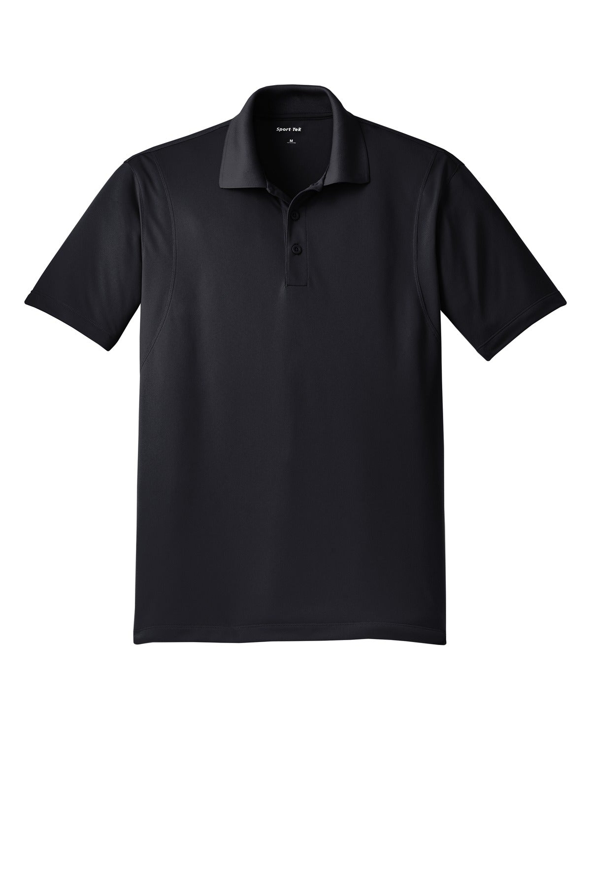 Sport Tek Black 100% polyester T shirt Snag resistant Tee with dyed buttons against a white background