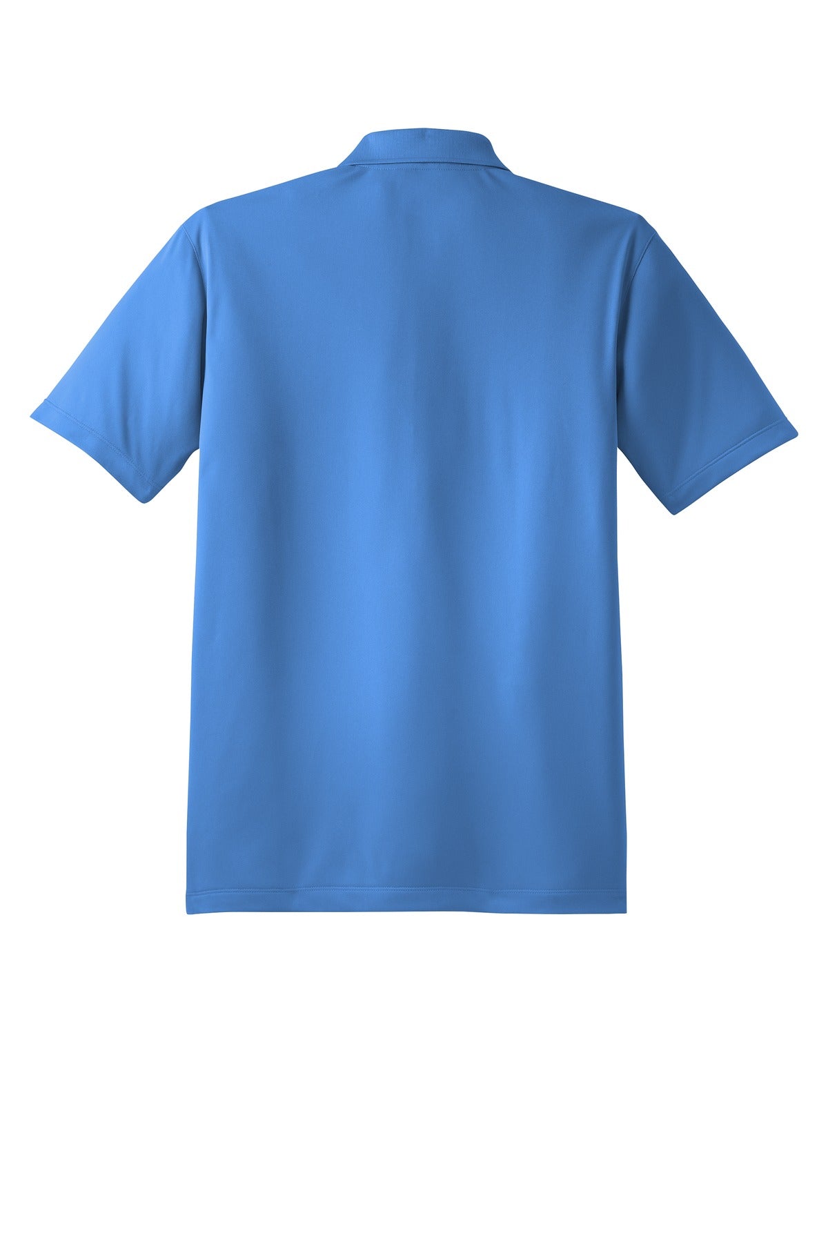 Sport Tek blue lake 100% polyester T shirt Snag resistant Tee with dyed buttons showing the back of the shirt against a white background