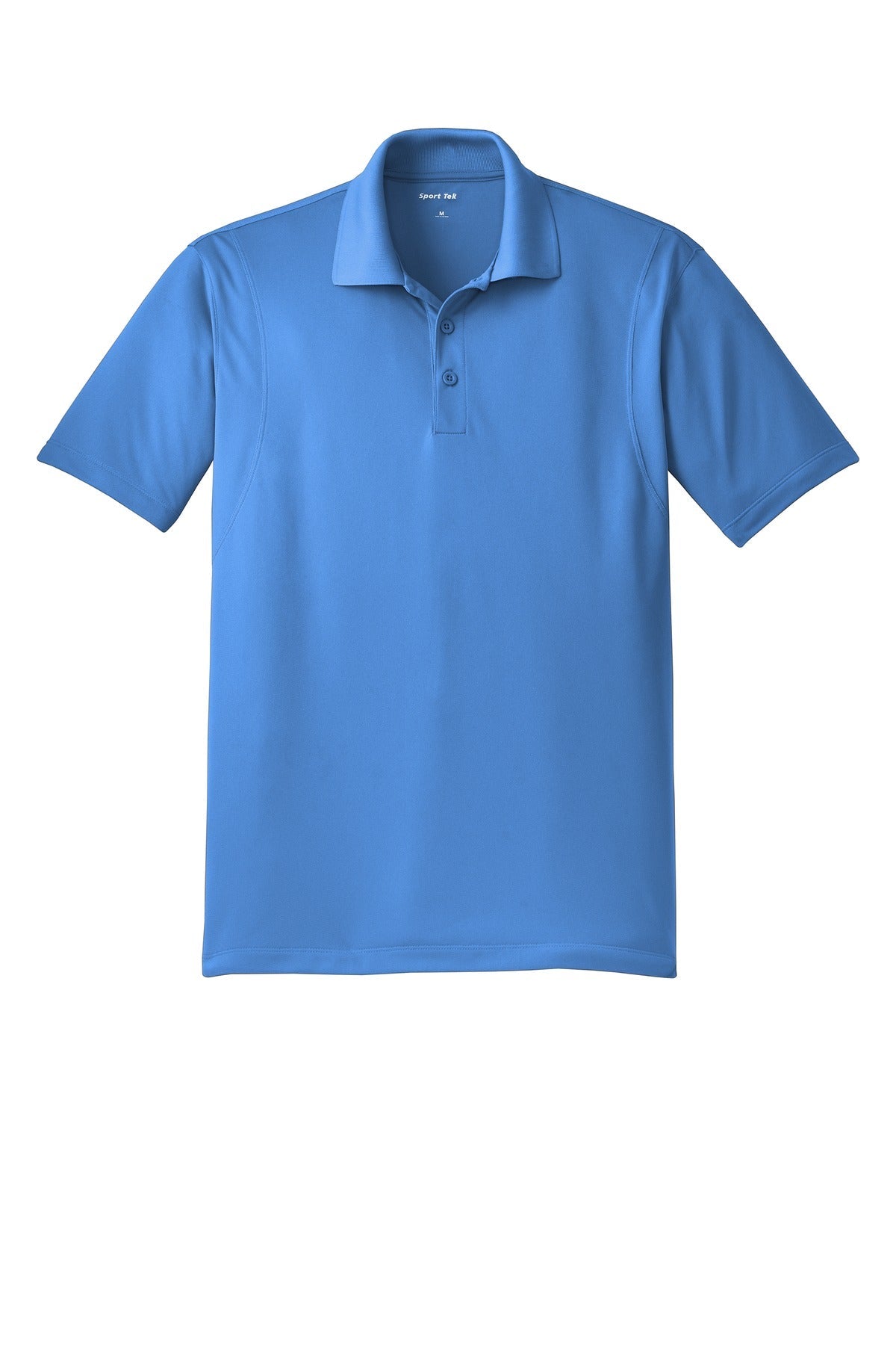 Sport Tek blue lake 100% polyester T shirt Snag resistant Tee with dyed buttons against a white background