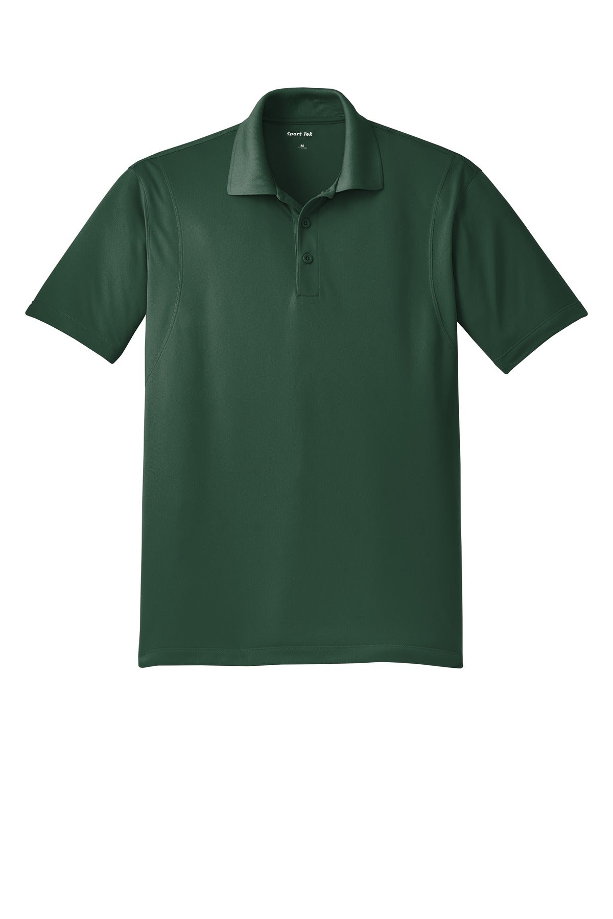 Sport Tek forest green 100% polyester T shirt Snag resistant Tee with dyed buttons against a white background