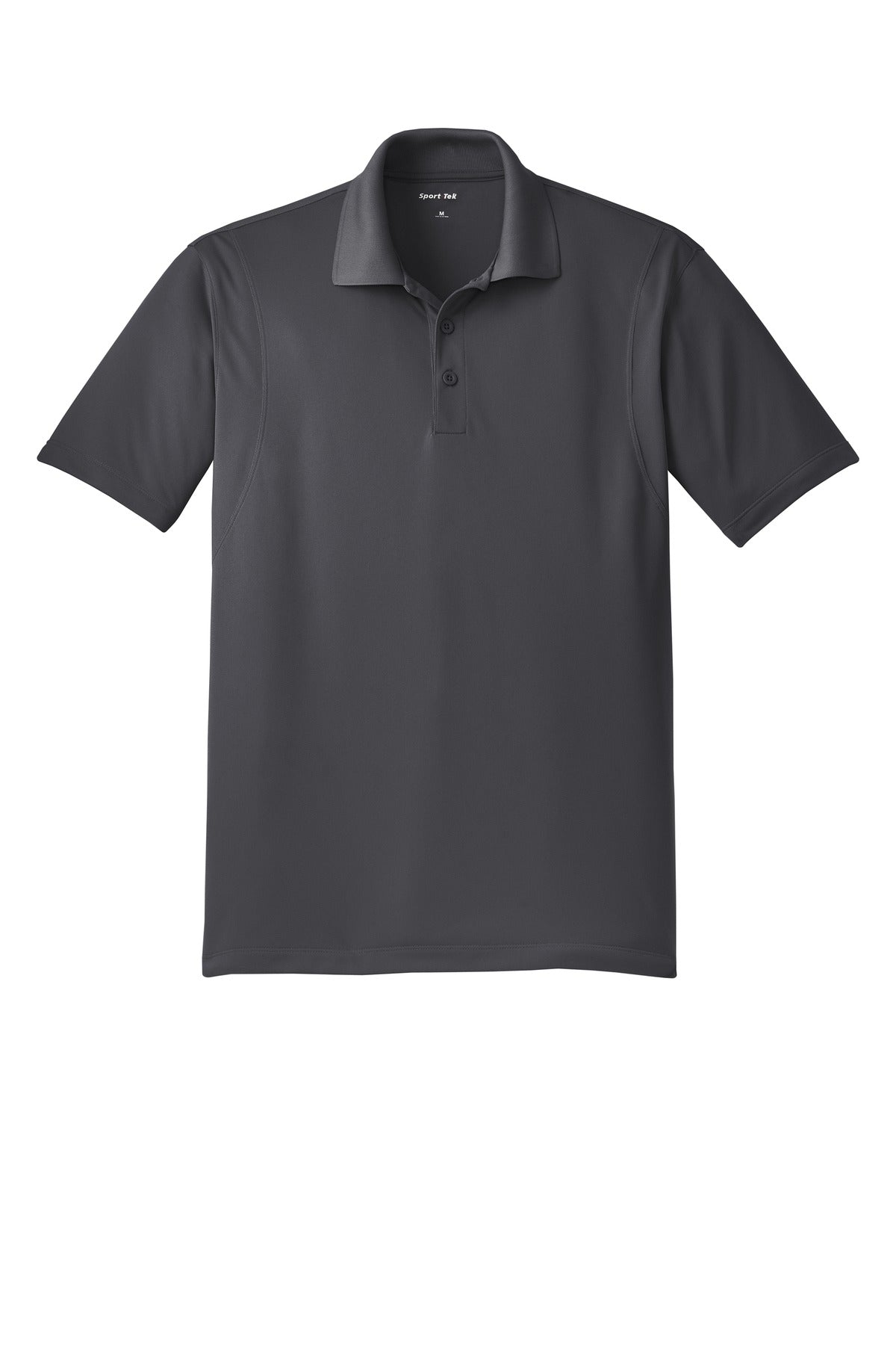 Sport Tek iron grey 100% polyester T shirt Snag resistant Tee with dyed buttons against a white background