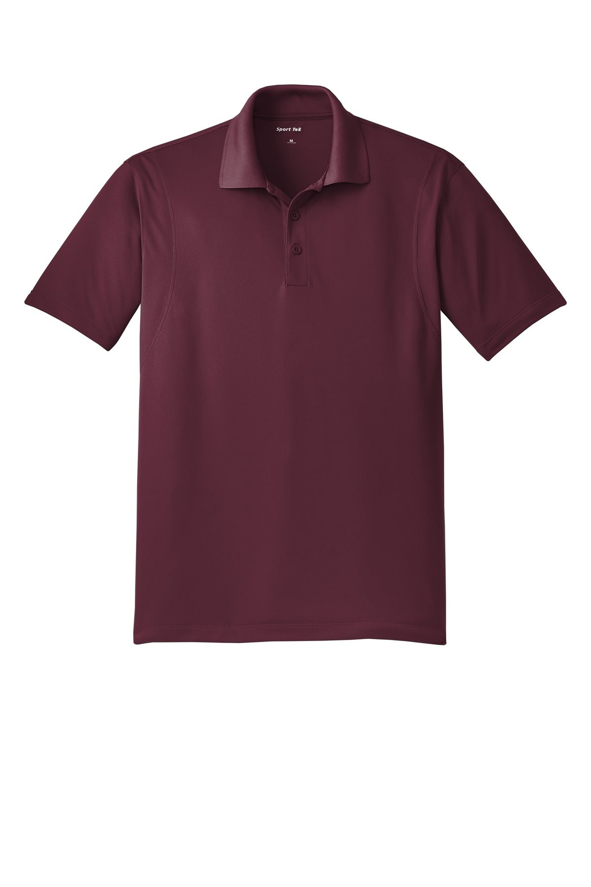 Sport Tek maroon 100% polyester T shirt Snag resistant Tee with dyed buttons against a white background