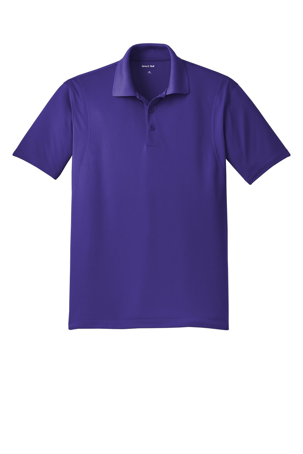 Sport Tek purple 100% polyester T shirt Snag resistant Tee with dyed buttons against a white background