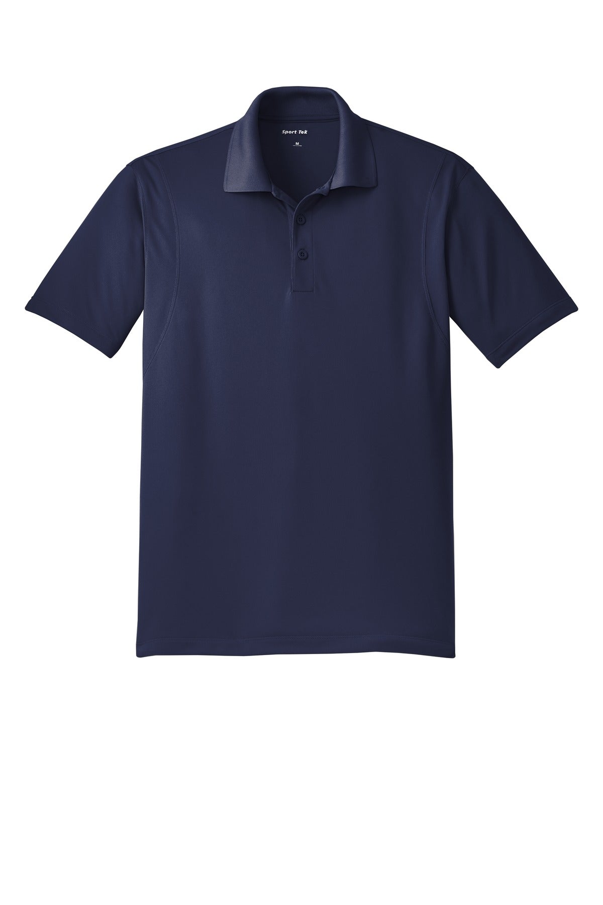 Sport Tek true navy 100% polyester T shirt Snag resistant Tee with dyed buttons against a white background