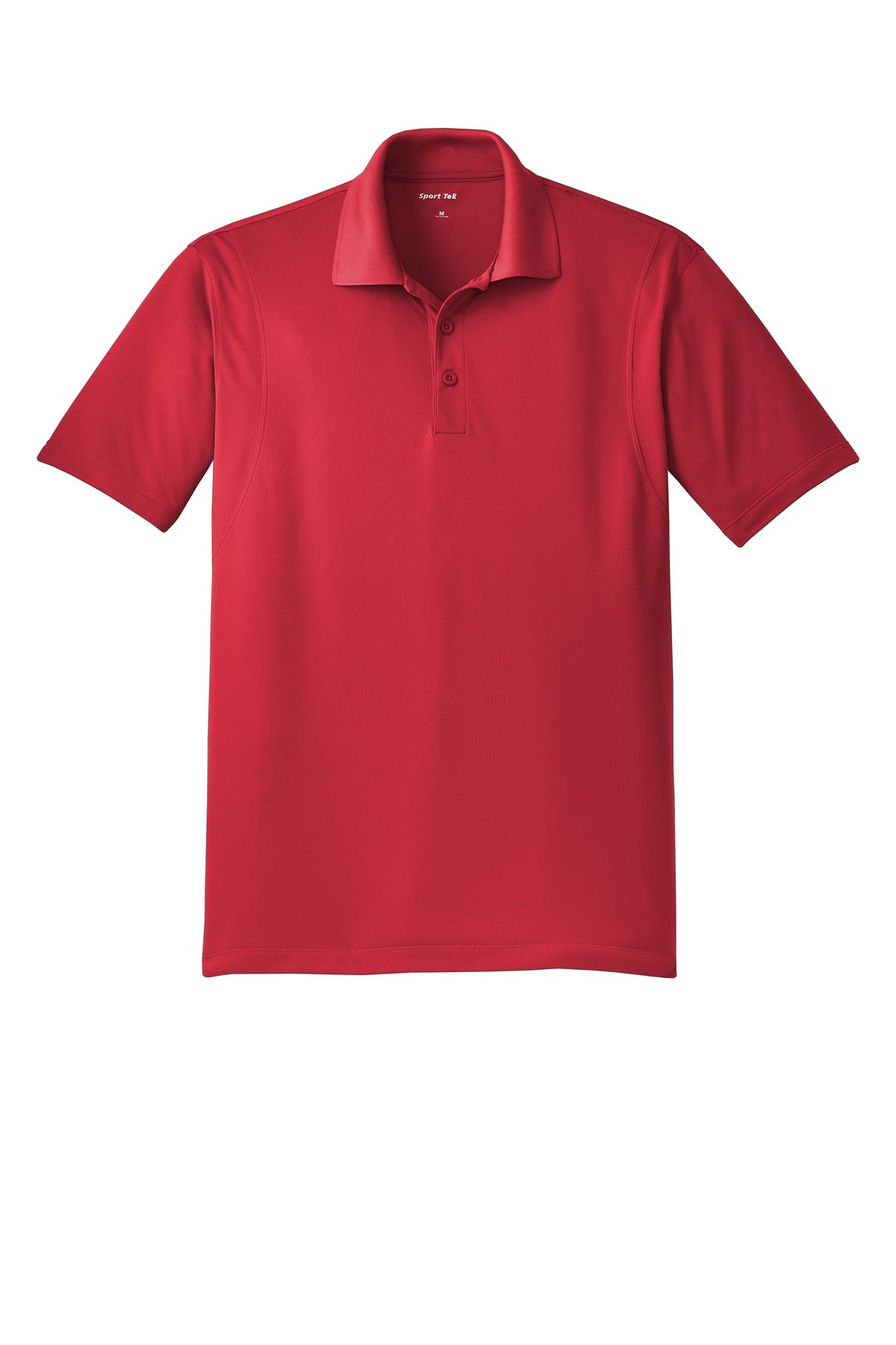 Sport Tek true red 100% polyester T shirt Snag resistant Tee with dyed buttons against a white background