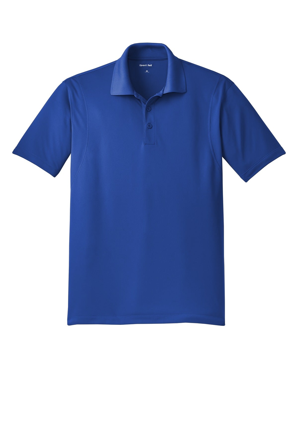Sport Tek true royal 100% polyester T shirt Snag resistant Tee with dyed buttons against a white background
