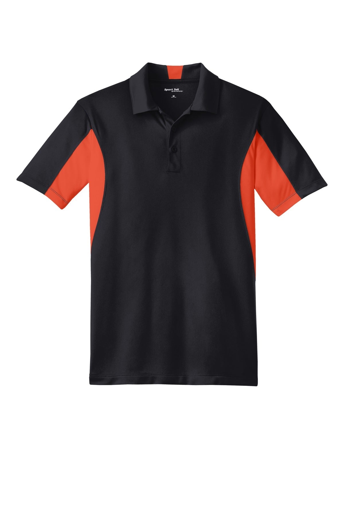 Sport-Tek Tall Side Blocked Micropique Sport-Wick Polo in color black with deep orange armpits against a white background