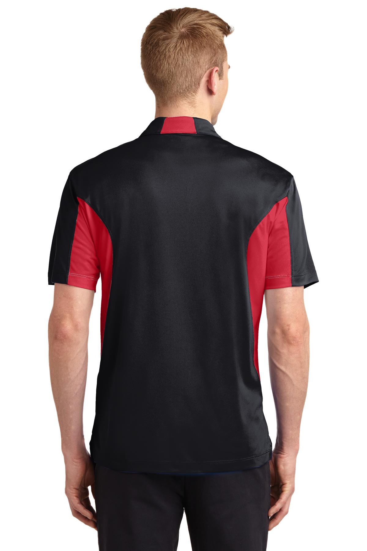 tall male model 6'4 wearing a medium Sport-Tek Tall Side Blocked Micropique Sport-Wick Polo in color black with true red armpits showing the back of the shirt against a white background
