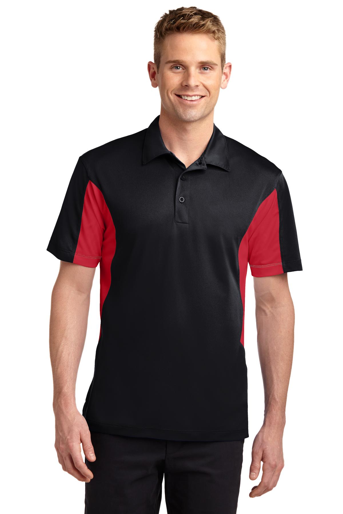 tall male model 6'4 wearing a medium Sport-Tek Tall Side Blocked Micropique Sport-Wick Polo in color black with true red armpits against a white background