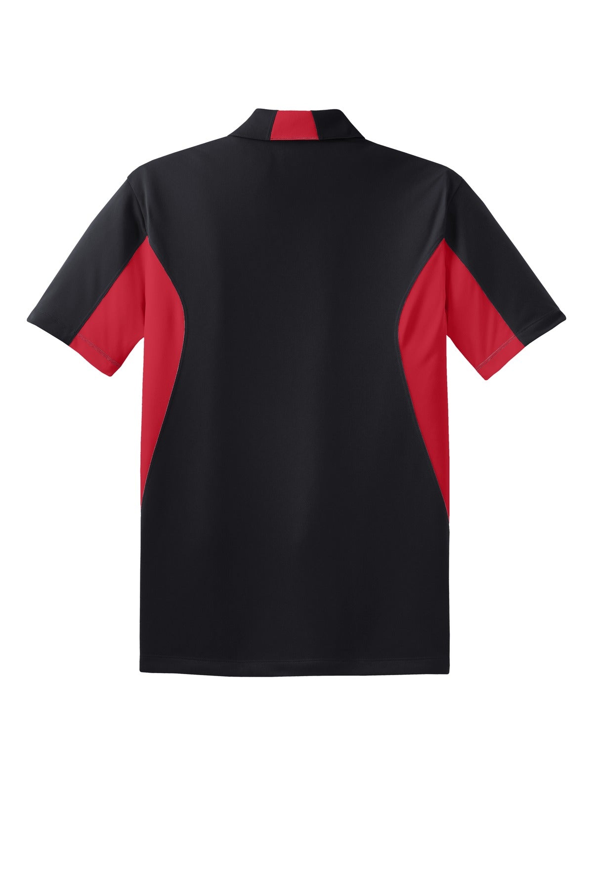 Sport-Tek Tall Side Blocked Micropique Sport-Wick Polo in color black with true red armpits showing the back of the shirt against a white background