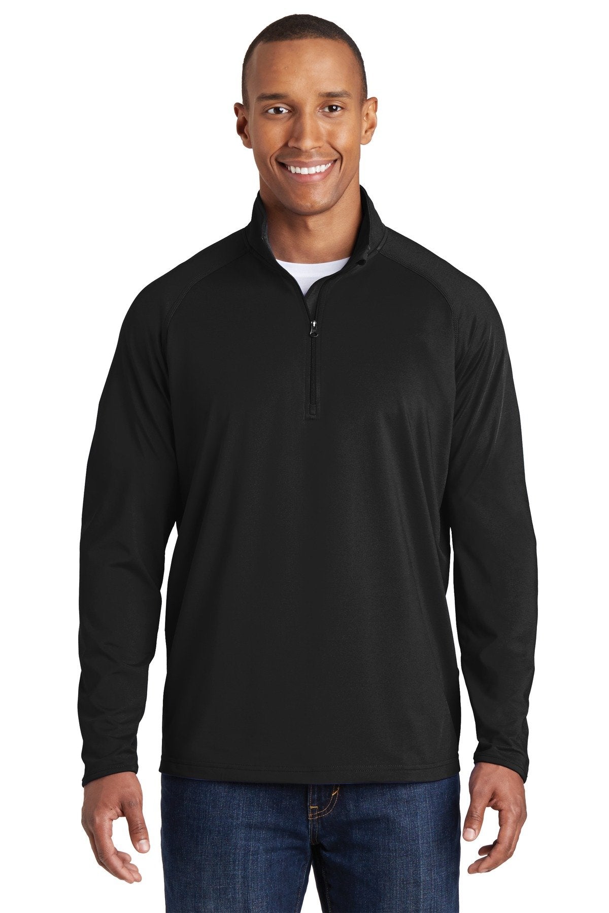 Tall male model 6'5 wearing a sport tek black colored medium sport wick 90/10 poly/spandex designed for comfort against a white background 