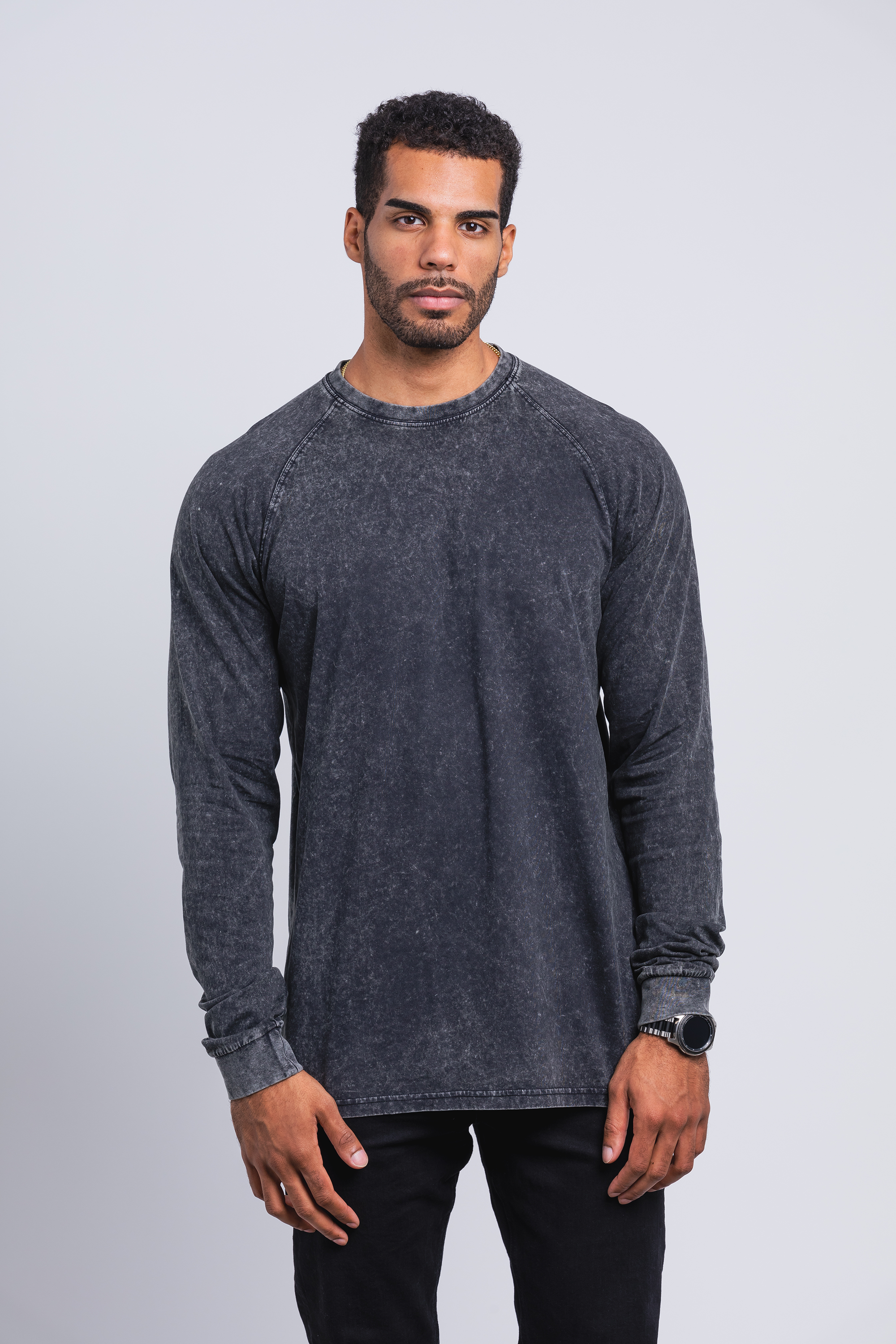 tall male model 6'5 wearing a large Have It Tall Raglan Long Sleeve Vintage Stone Wash 100% cotton preshrunk shirt against a white background.